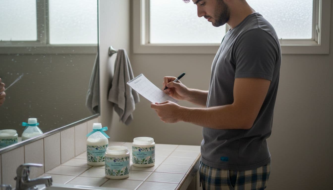Man updating hair care calendar in bathroom