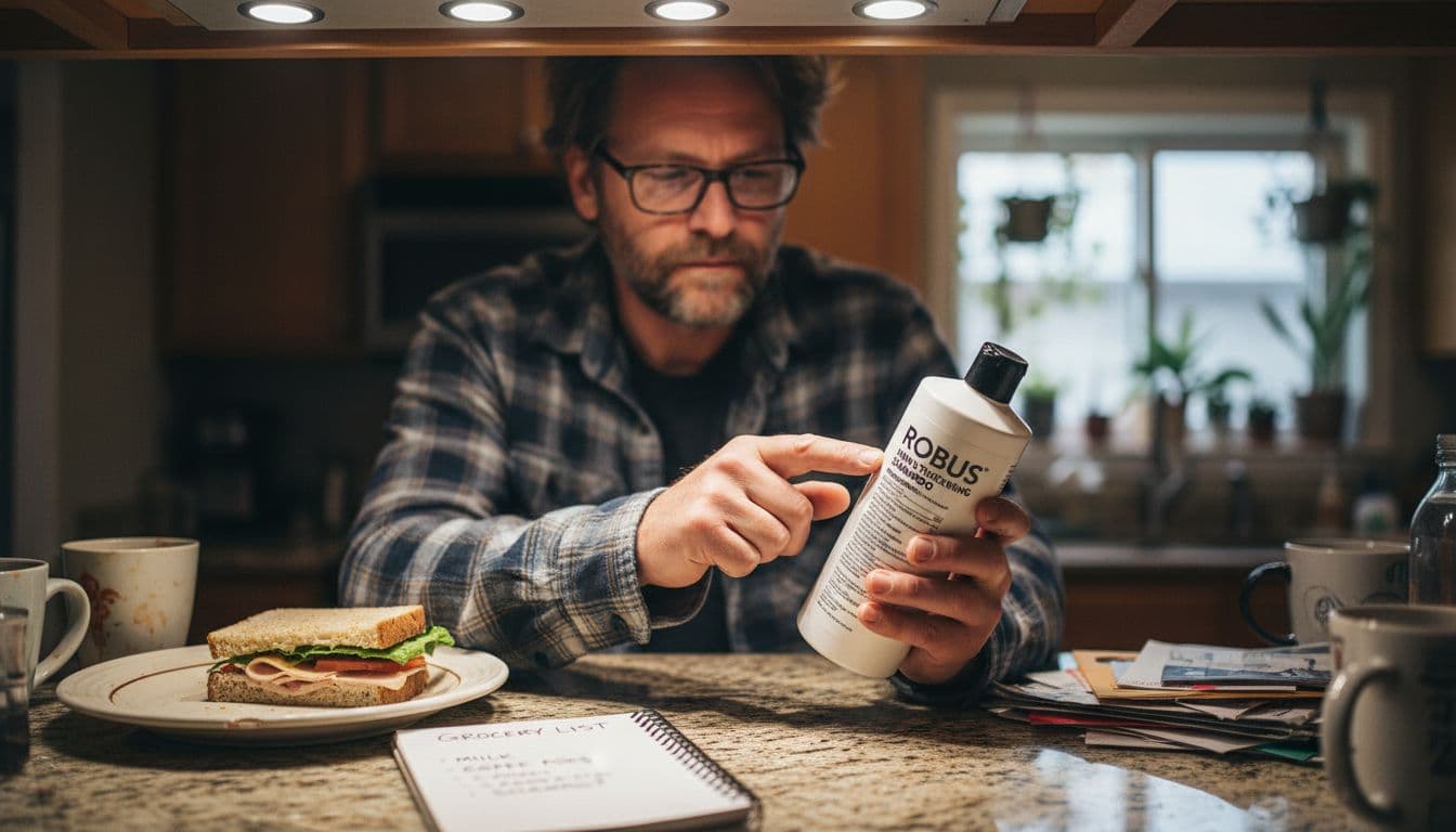 Man inspecting shampoo bottle ingredients