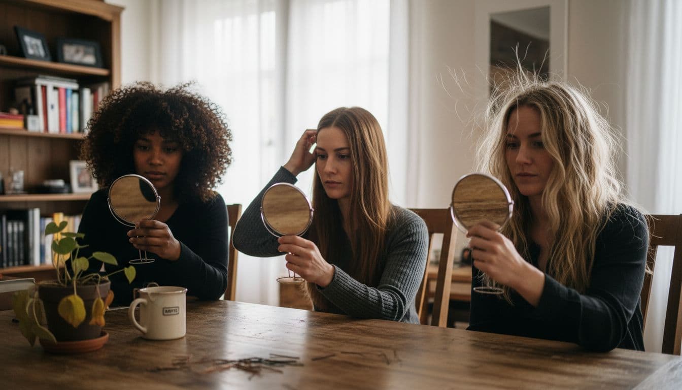 Drei Frauen tauschen sich über ihre unterschiedlichen Haartypen aus.