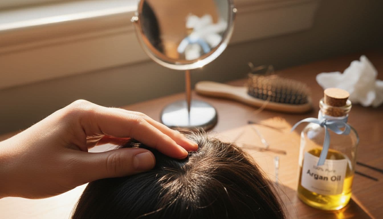 Hand massaging oil into scalp closeup