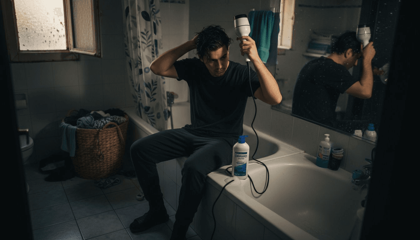 Hombre que utiliza el secador de pelo y adopta hábitos que dañan su cabello