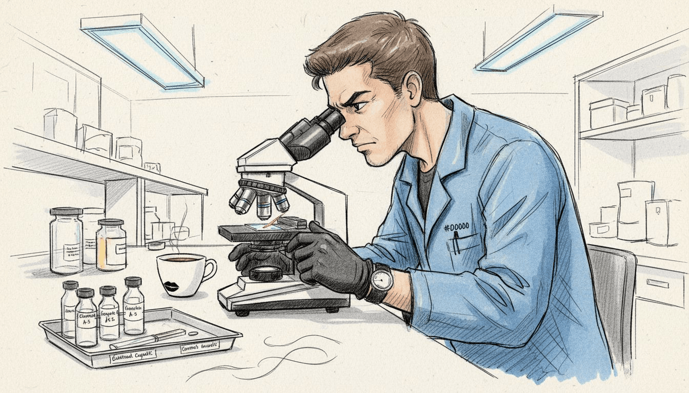 Un technicien examine un échantillon de cheveux à l’aide d’un microscope.