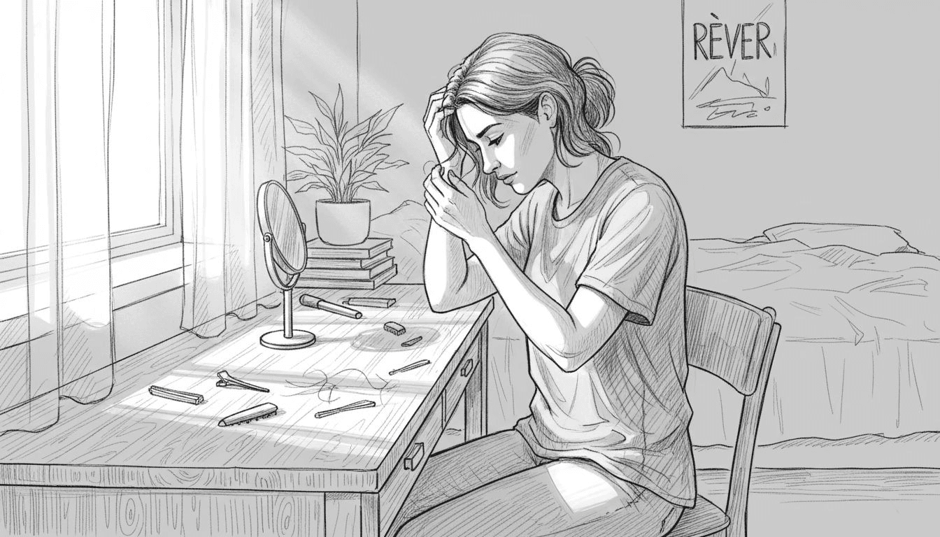 Une femme se regarde dans le miroir de sa coiffeuse, préoccupée par sa perte de cheveux.