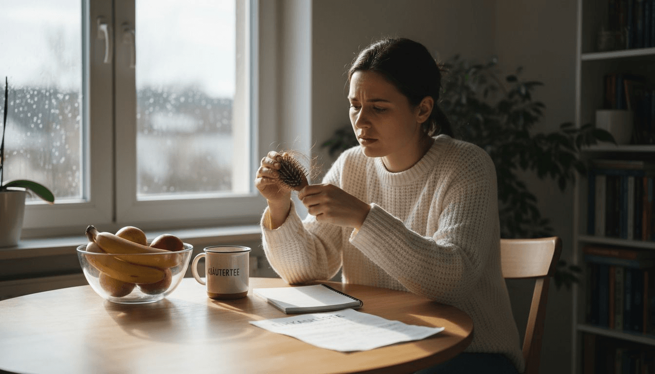 Eine Frau bürstet sich die Haare und bemerkt dabei, dass sie ungewöhnlich viele Haare verliert.