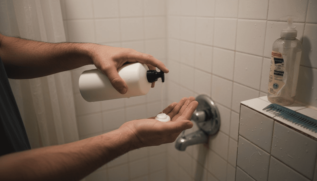 Hombre aplicándose acondicionador con biotina mientras se ducha