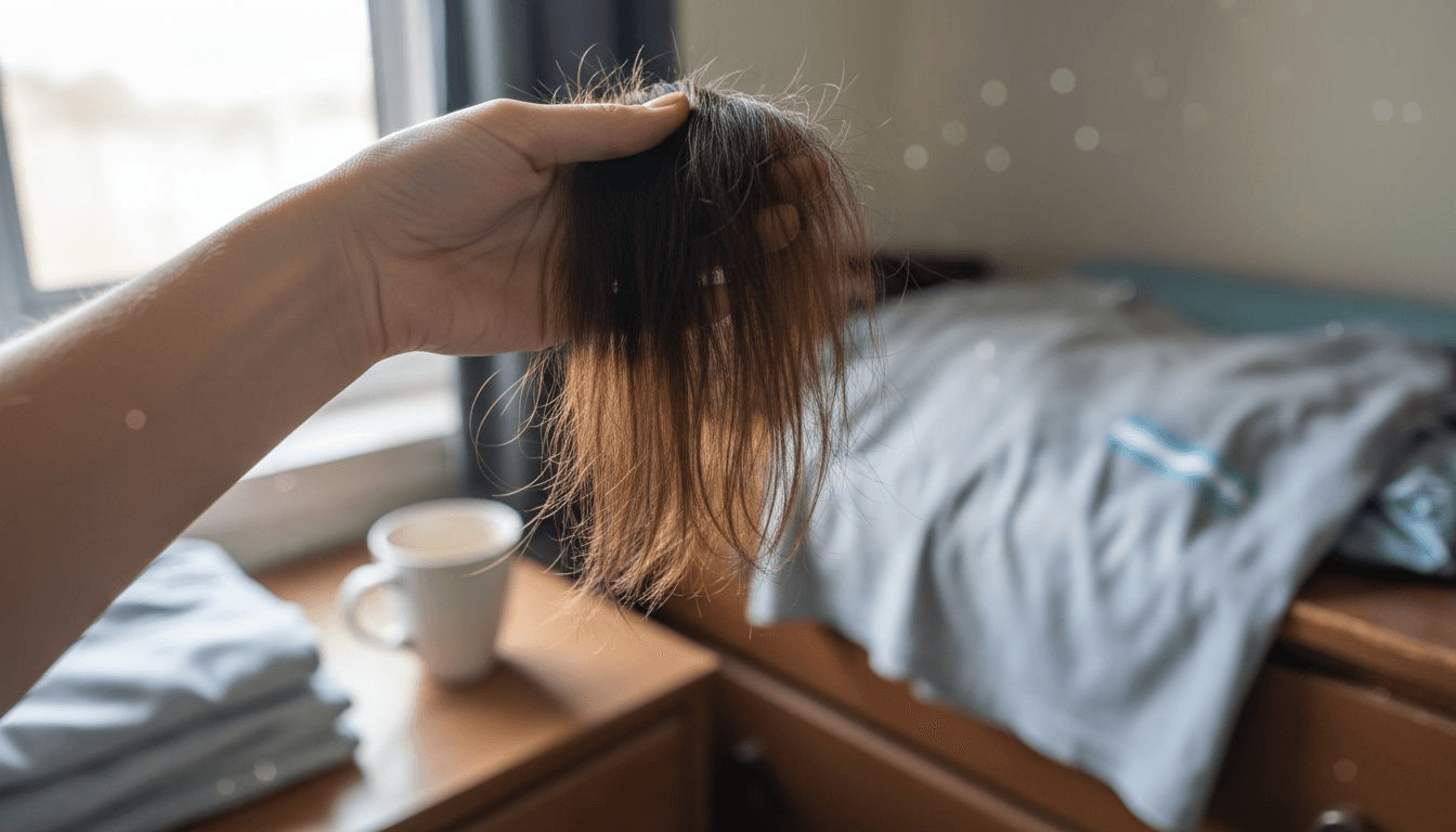 Closeup shows split ends in damaged hair