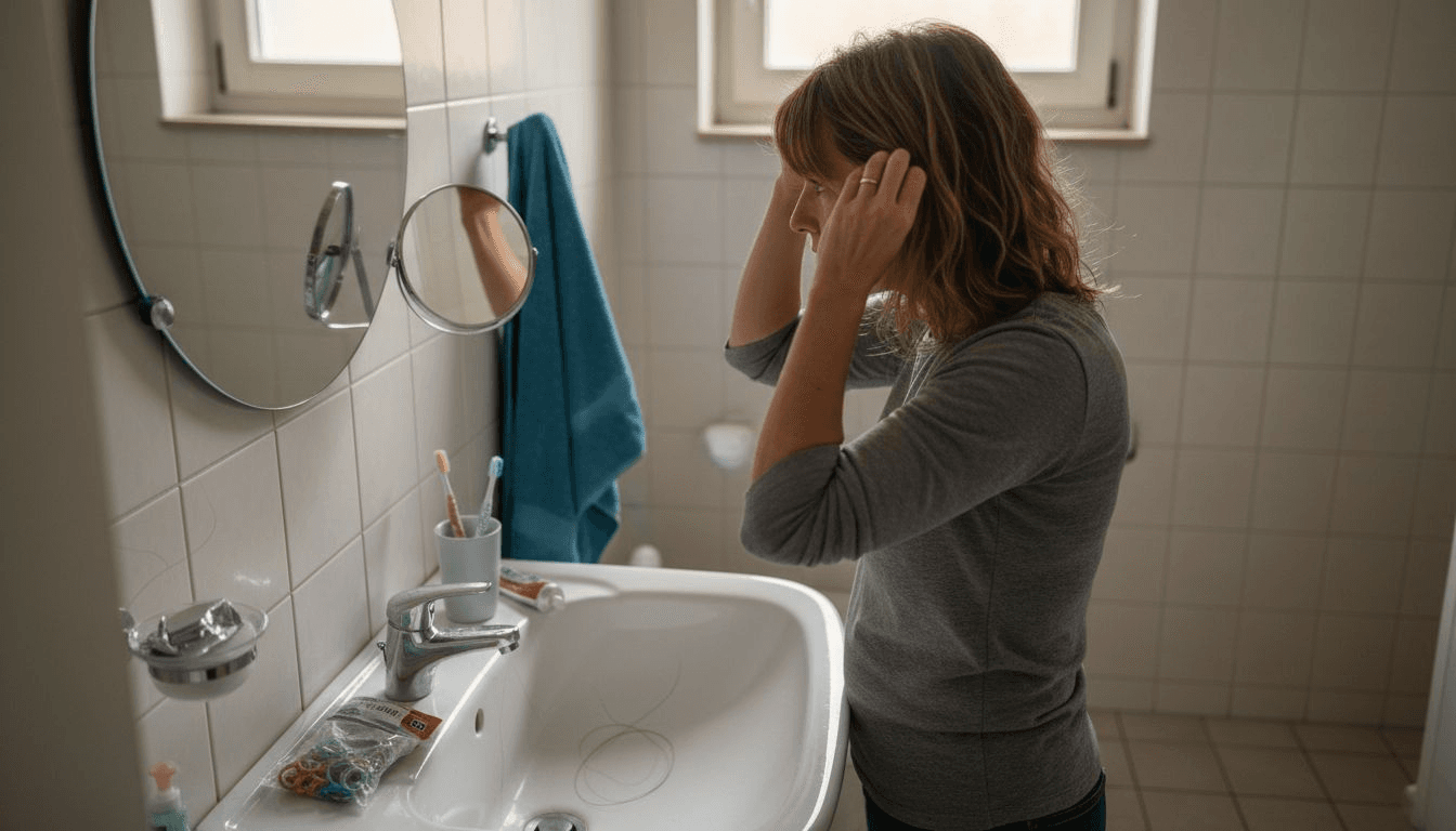Eine Frau steht im Badezimmer und bemerkt, dass ihr immer mehr Haare ausfallen.