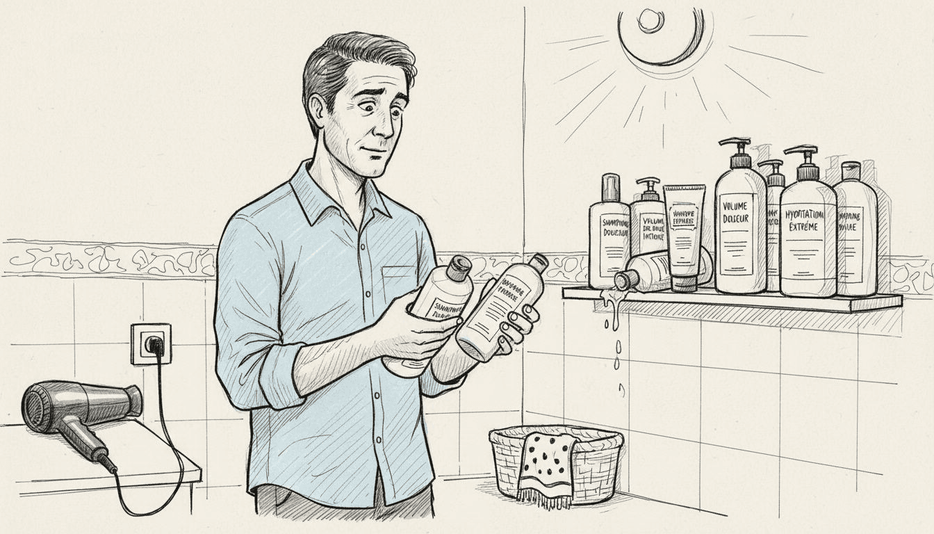Un homme en train de sélectionner les soins capillaires les mieux adaptés à ses besoins