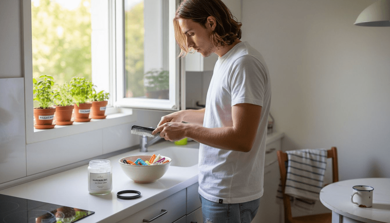 Die Haarkur wird nach dem Waschen gleichmäßig in die Längen und Spitzen eingearbeitet.