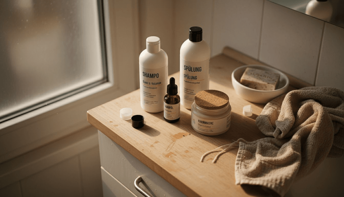 Verschiedene Haarpflegeprodukte ordentlich auf dem Schminktisch arrangiert