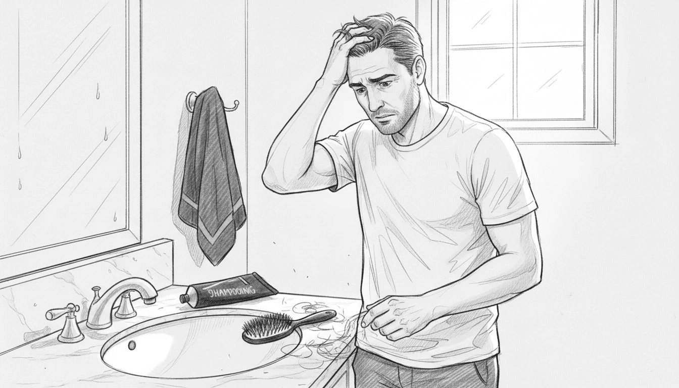 Un homme remarque qu’il perd ses cheveux en se regardant dans le miroir de la salle de bain.
