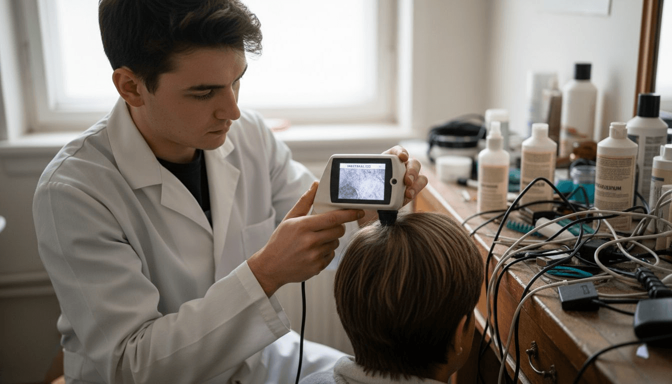 Ein Haarspezialist untersucht die Kopfhaut mithilfe eines Trichoskops, um den Zustand der Haare und der Kopfhaut genau zu analysieren.