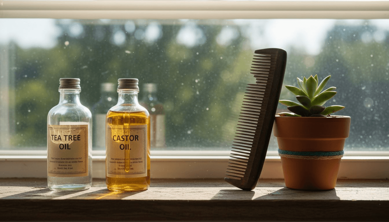 Natural oils and hair care on shelf