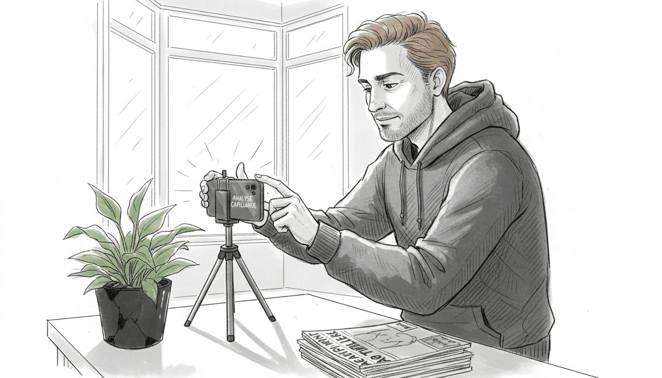 Un homme s'apprête à réaliser une analyse capillaire assistée par intelligence artificielle