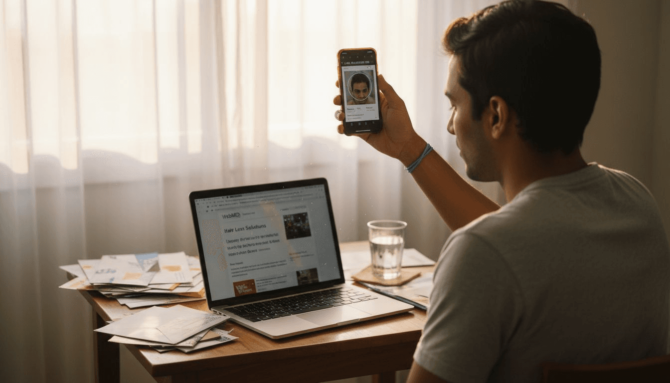 Man using phone for AI hair scan