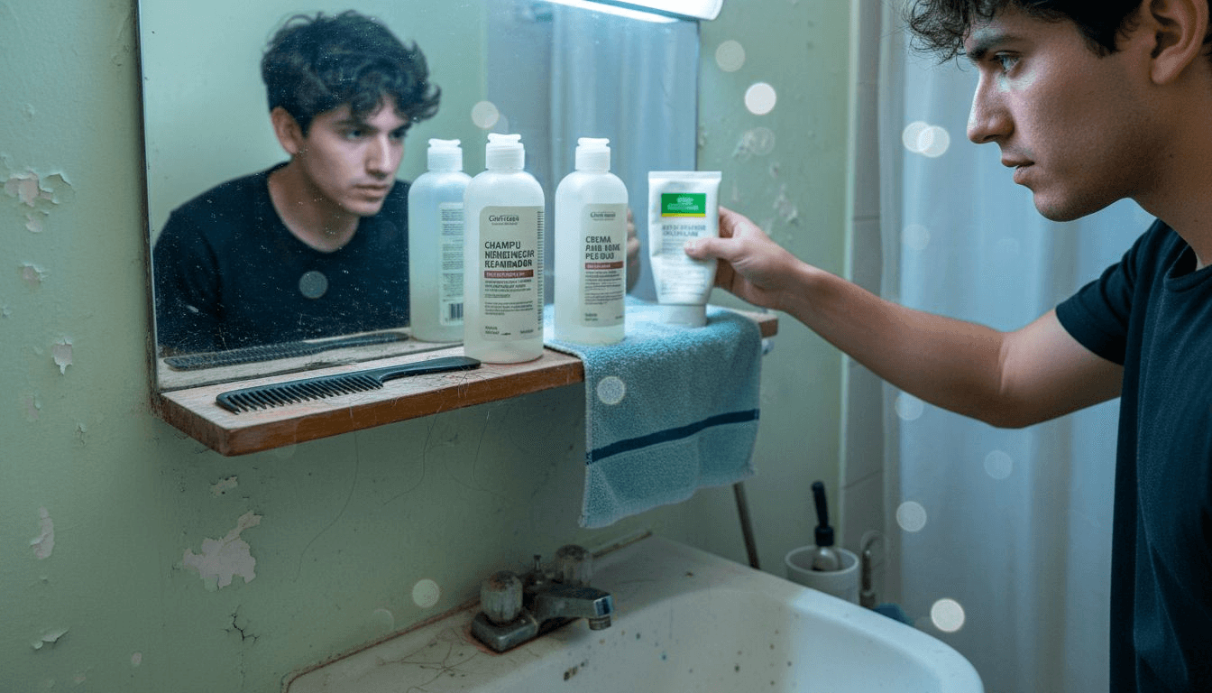 Hombre eligiendo qué productos usar para cuidar su cabello en casa