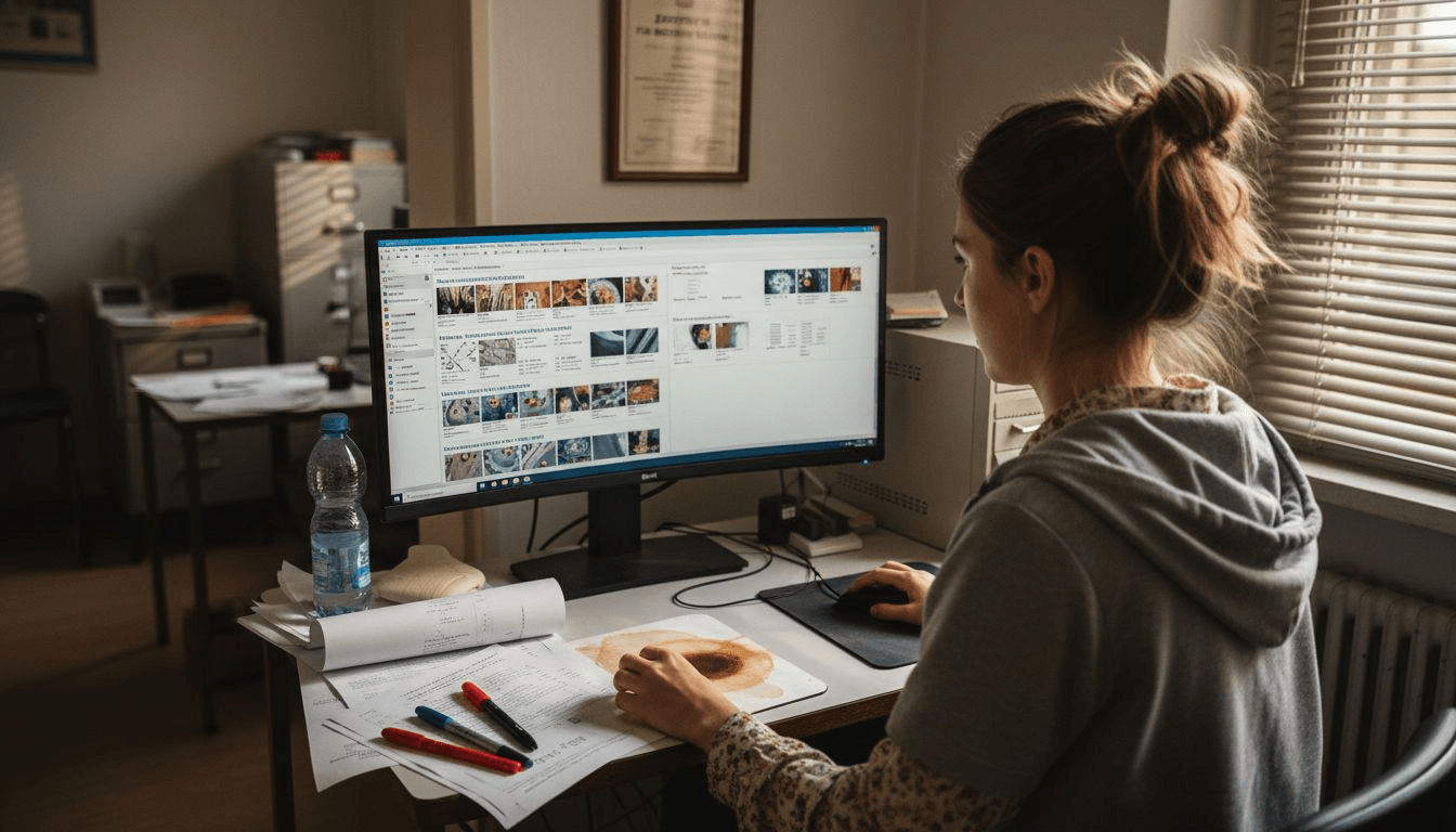 Ein Fachtechniker begutachtet die digital erfassten Haaranalyse-Ergebnisse am Bildschirm.