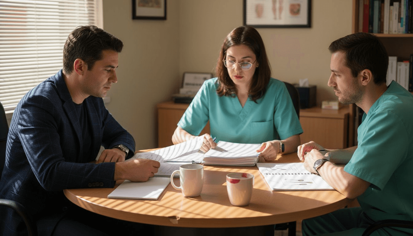 Three hair specialists reviewing credentials and notes