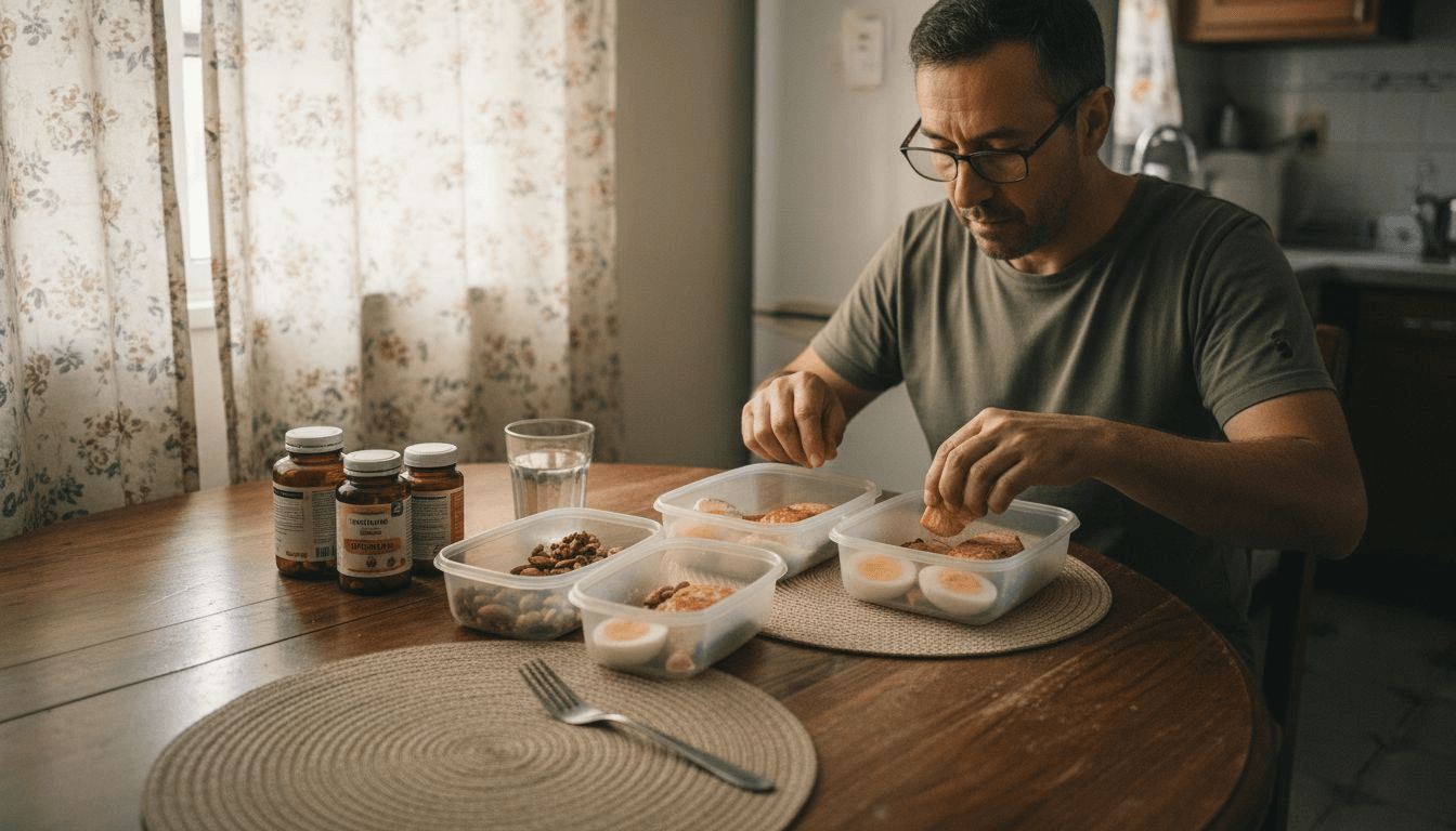 Hombre acomodando alimentos saludables y nutritivos