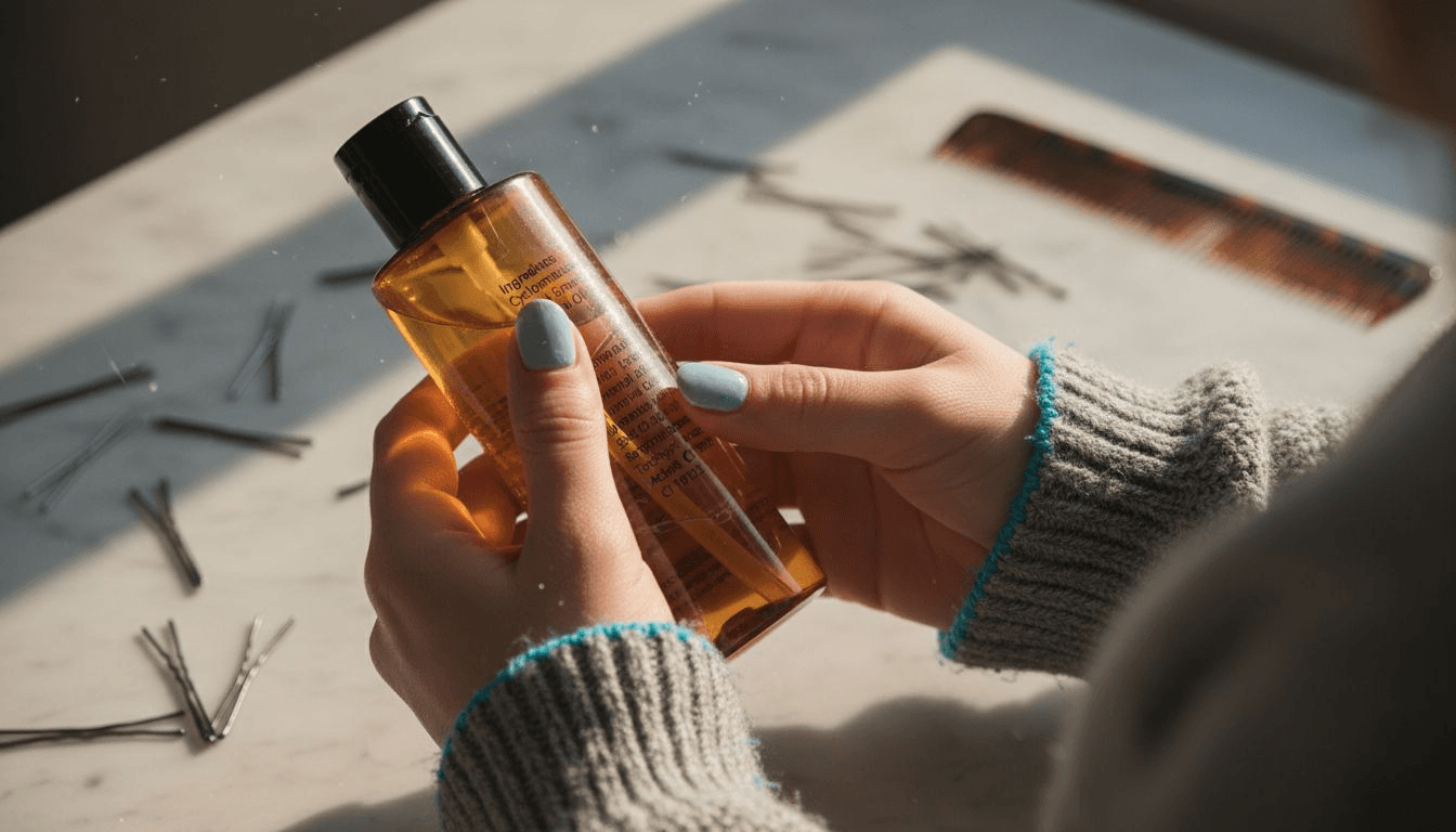 Hands checking hair product ingredient label