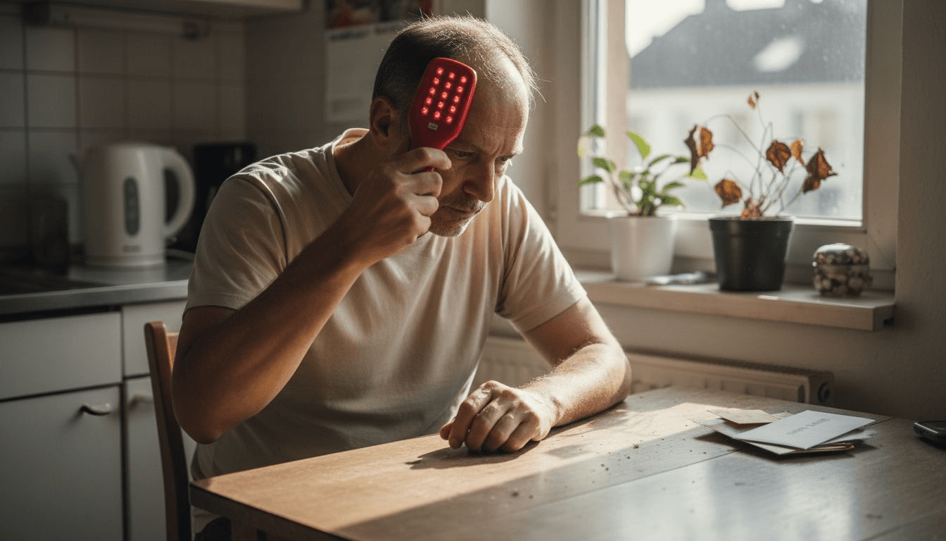 Ein Mann sitzt am Küchentisch und behandelt seine Kopfhaut mit einem LED-Laserkamm.