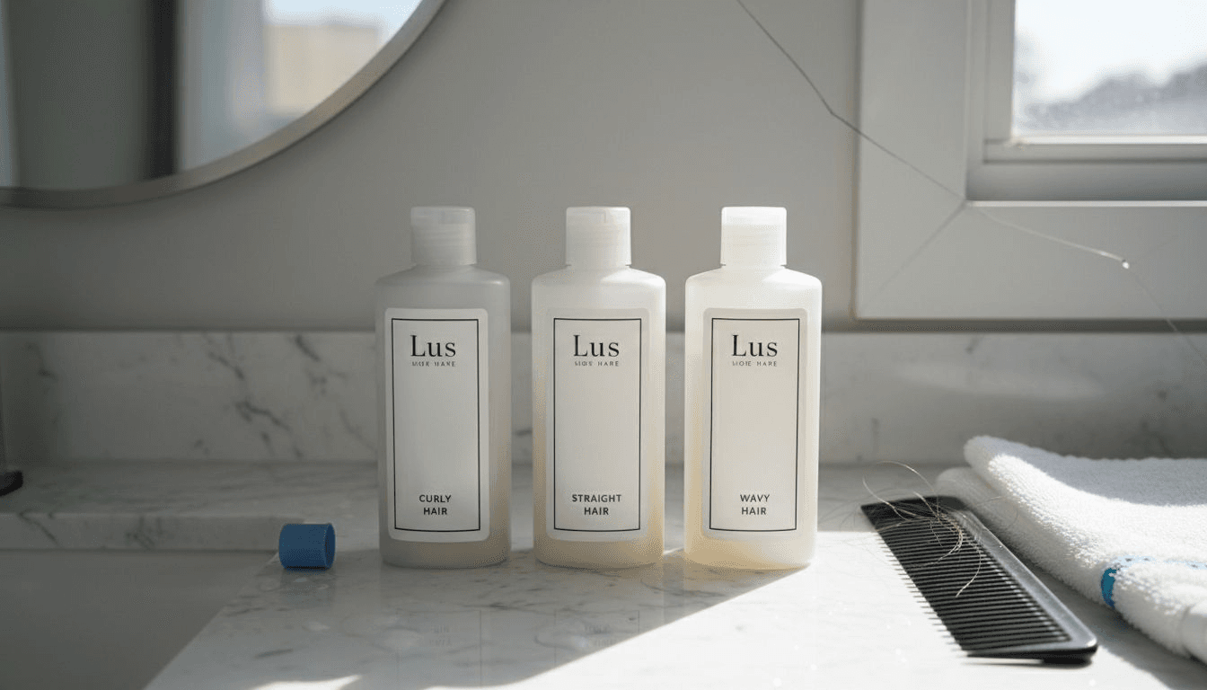 Lus hair care products on bathroom counter