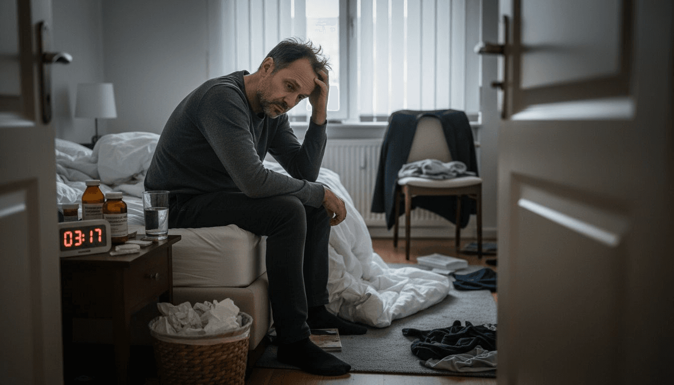 Ein erschöpfter Mann, dem durch ständigen Schlafmangel die Haare auszugehen scheinen.