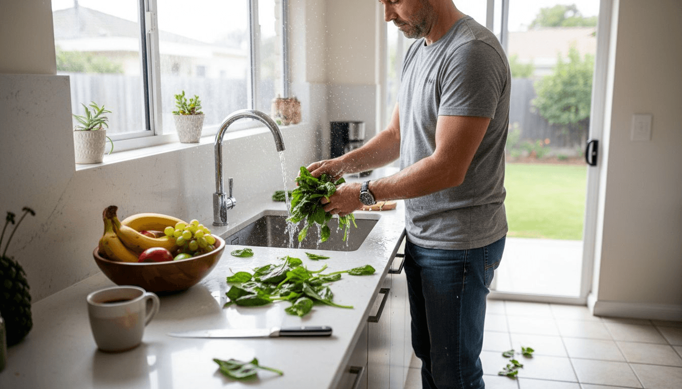 Un hombre corta verduras frescas para preparar una ensalada