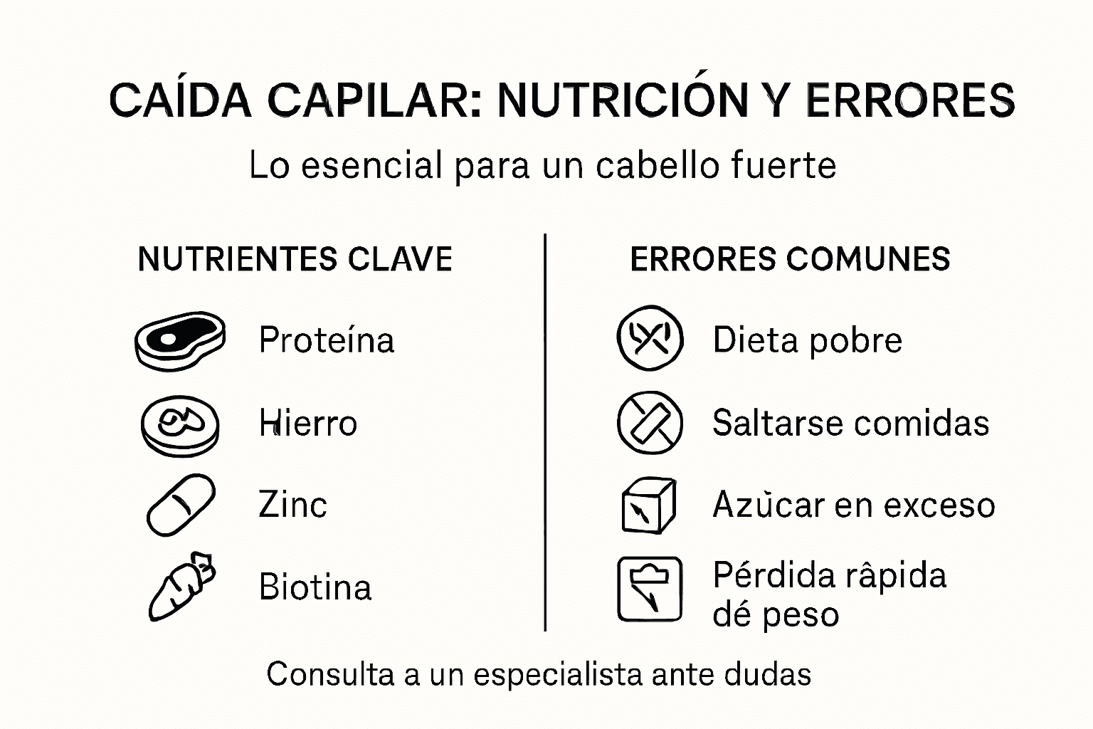 Guía visual sobre los nutrientes clave para el cabello y los errores más frecuentes en su cuidado