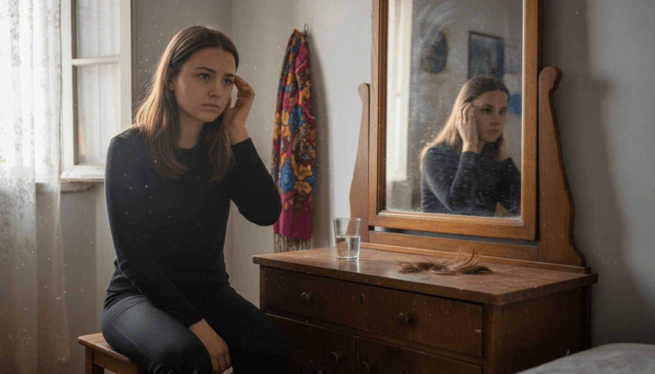 Un joven se observa en el espejo mientras se toca el cuero cabelludo, quizás revisando su cabello o examinando su salud capilar.