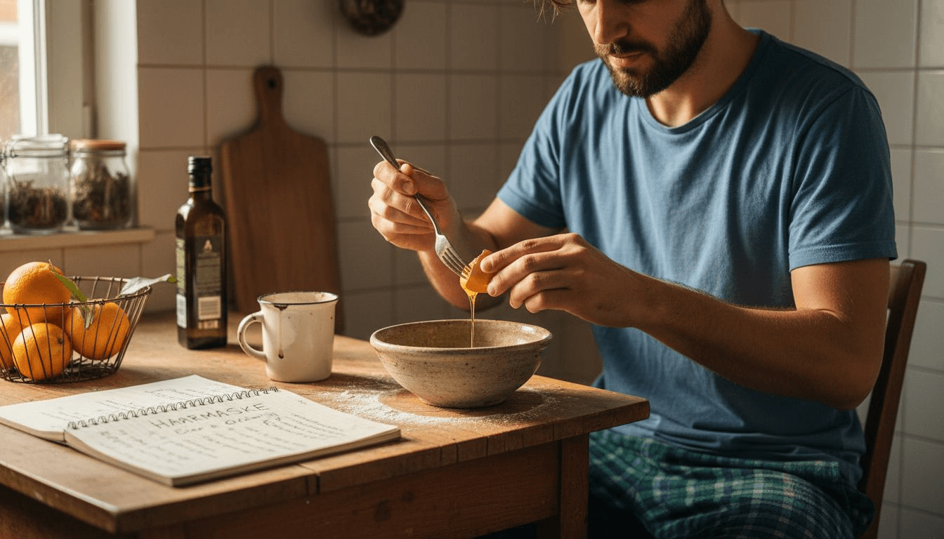 Ein Mann stellt eine natürliche Haarkur aus pflanzlichen Zutaten selbst her.