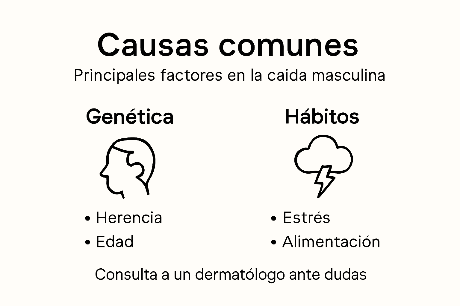 Infografía sobre las principales causas y factores que influyen en la caída del cabello en hombres