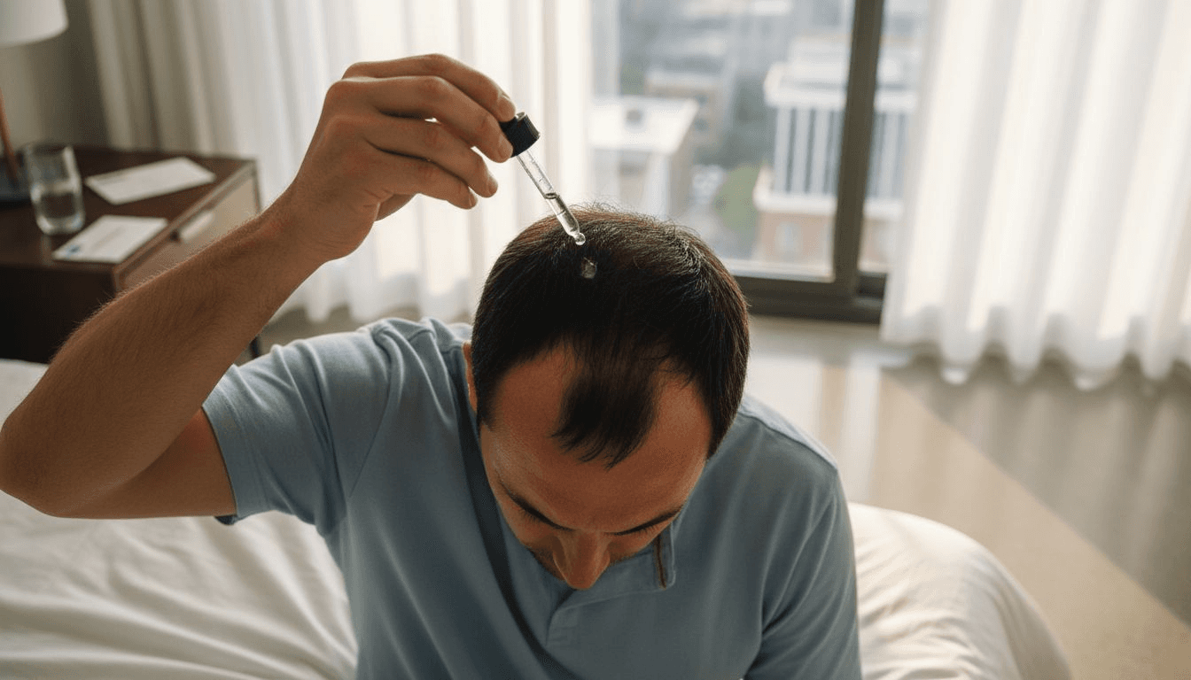 Applying peptide hair serum to scalp