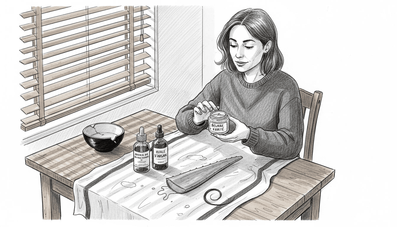Une femme sélectionne avec soin des soins capillaires naturels pour fortifier ses cheveux.