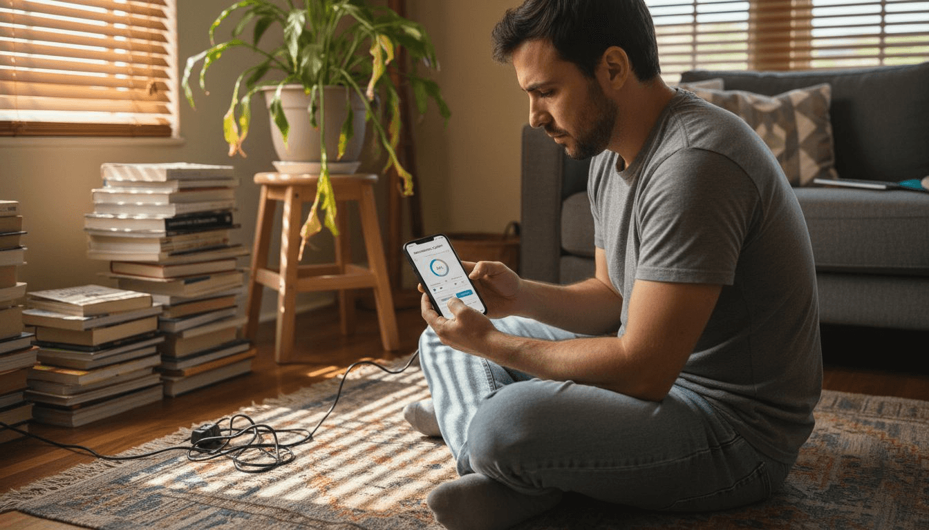 Hombre configurando una aplicación digital para controlar la salud de su cabello