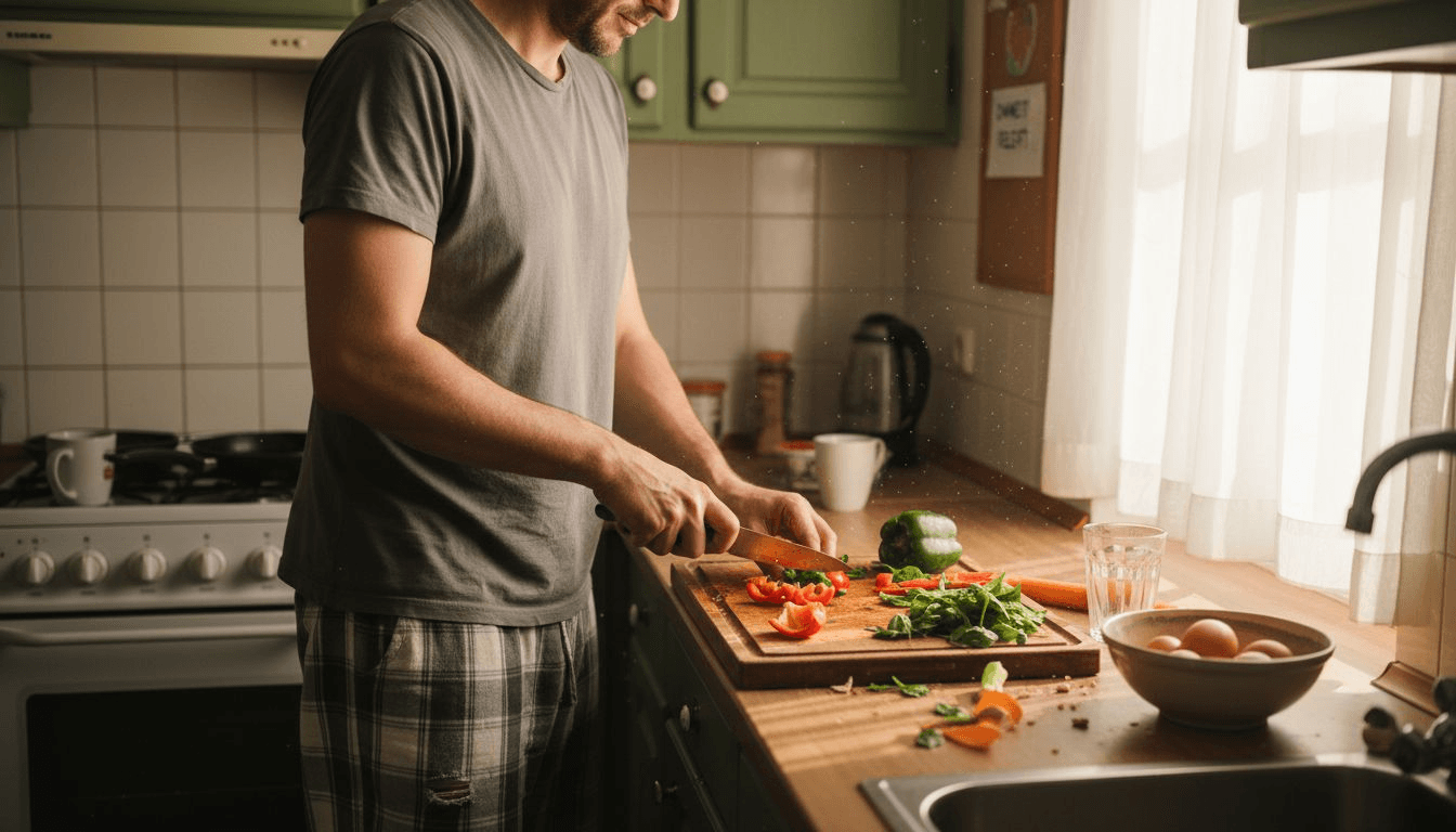 Eine Person bereitet in ihrer eigenen Küche gesunde Mahlzeiten zu.