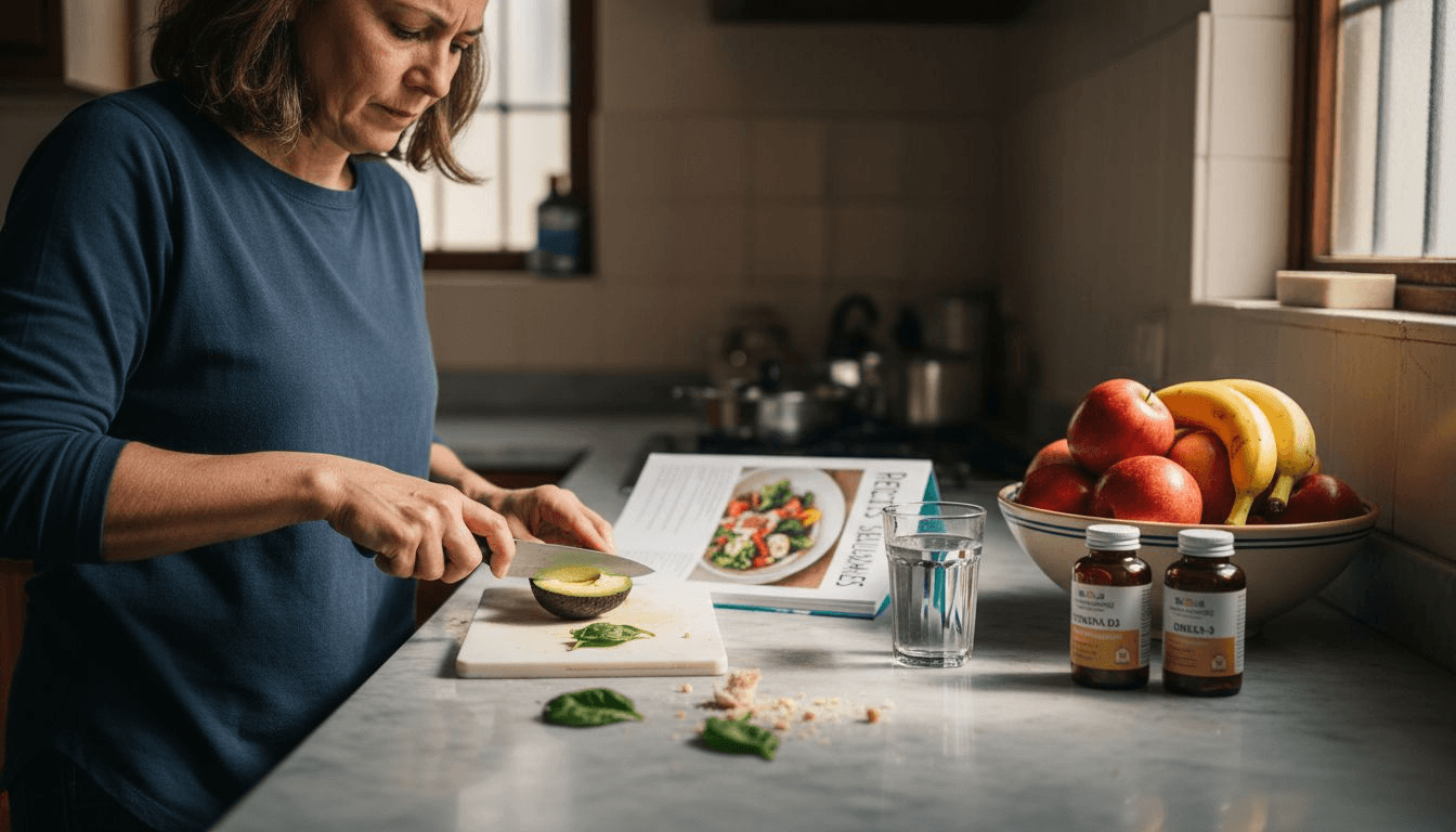 Mujer preparando una comida saludable para cuidar la salud de su cabello.
