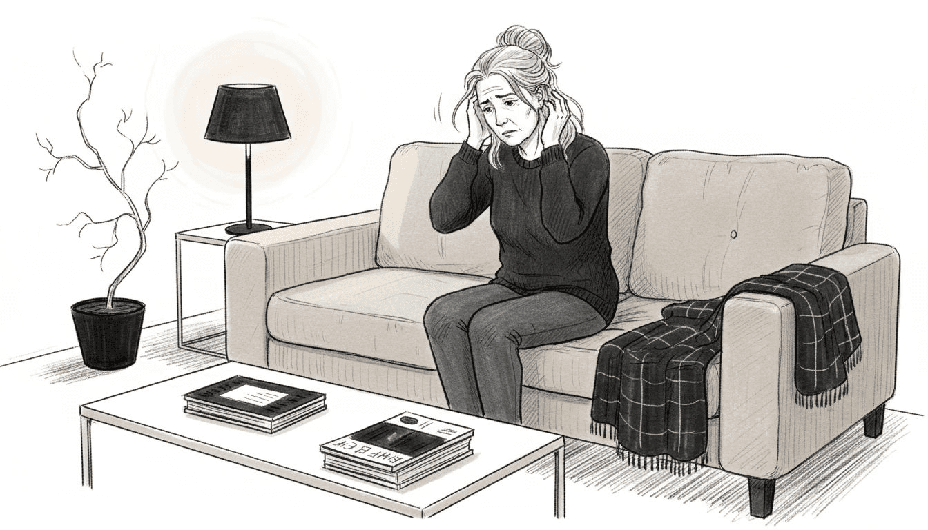 Une femme soucieuse se masse délicatement le cuir chevelu, cherchant à apaiser ses pensées.