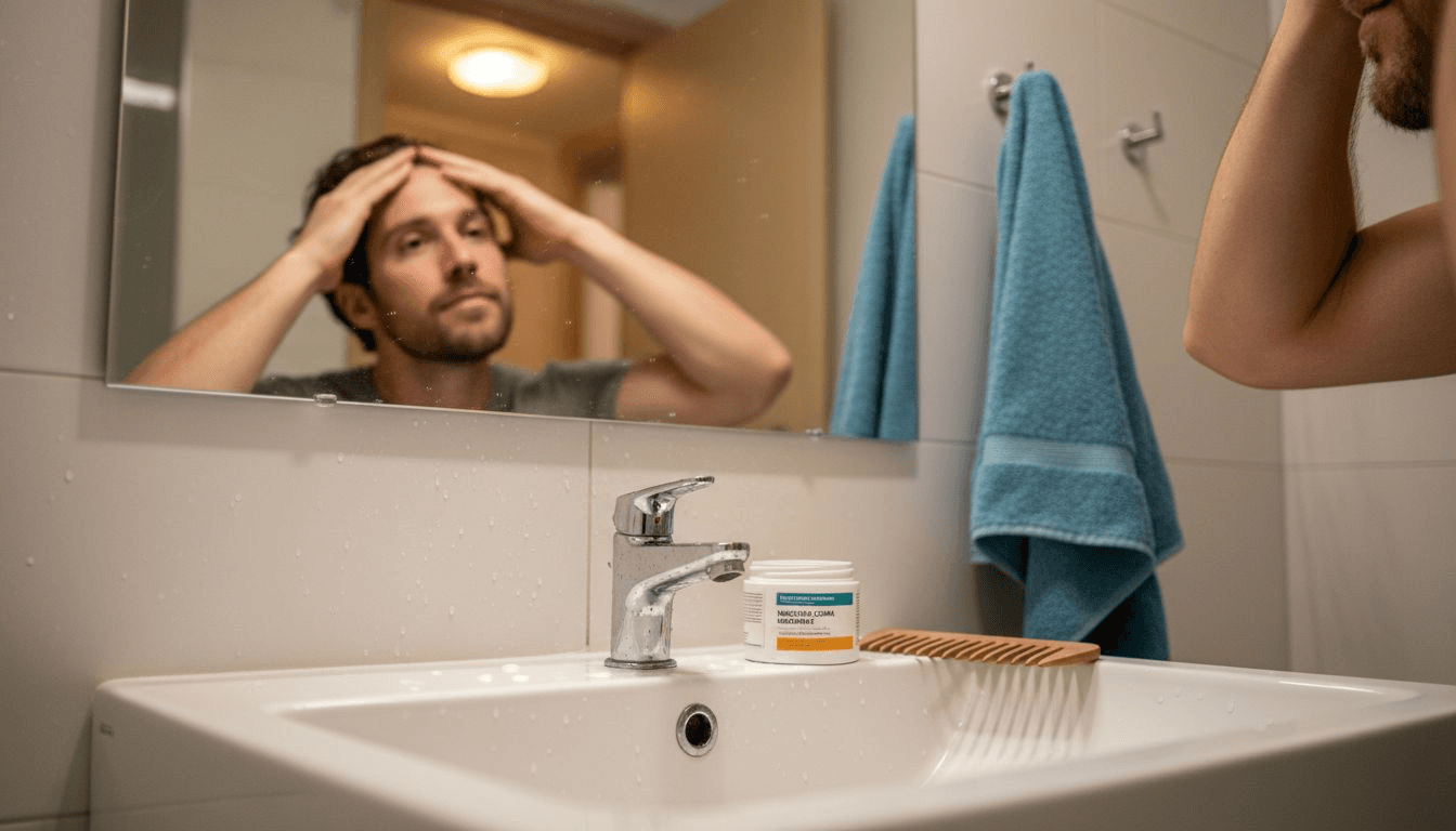 Un hombre se cuida el cabello mientras está en el baño.