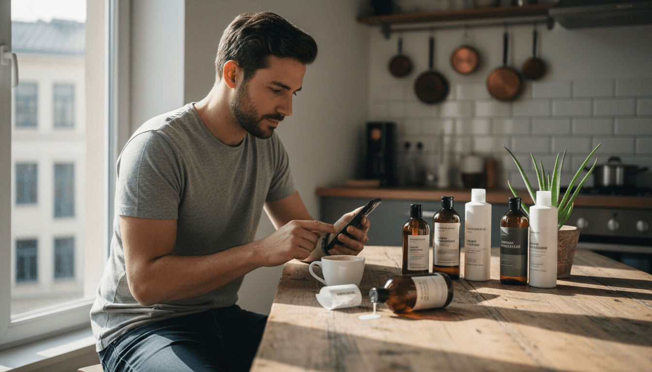 Ein Mann vergleicht verschiedene Flaschen mit Haarpflegeprodukten.