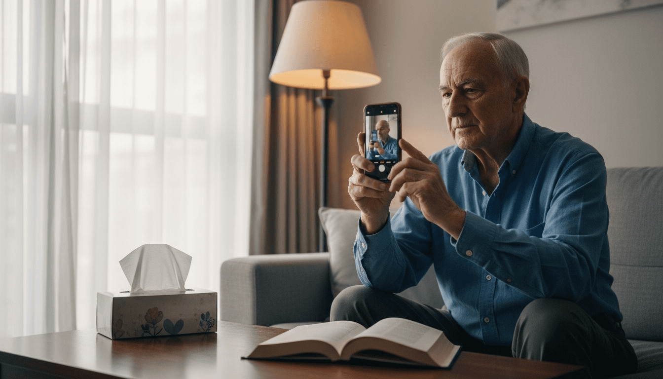Hombre tomando fotos del avance de sus cejas en casa