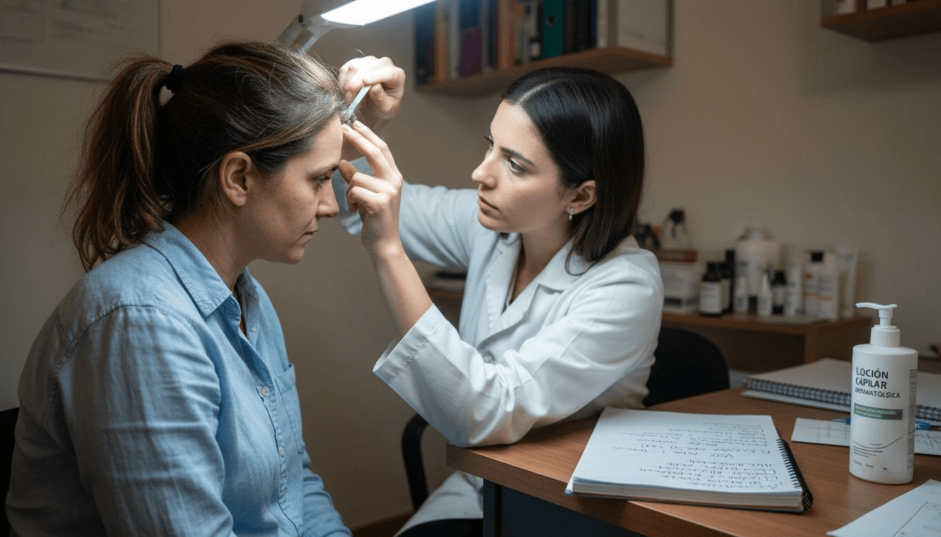 La doctora revisa el cuero cabelludo de su paciente durante la consulta.