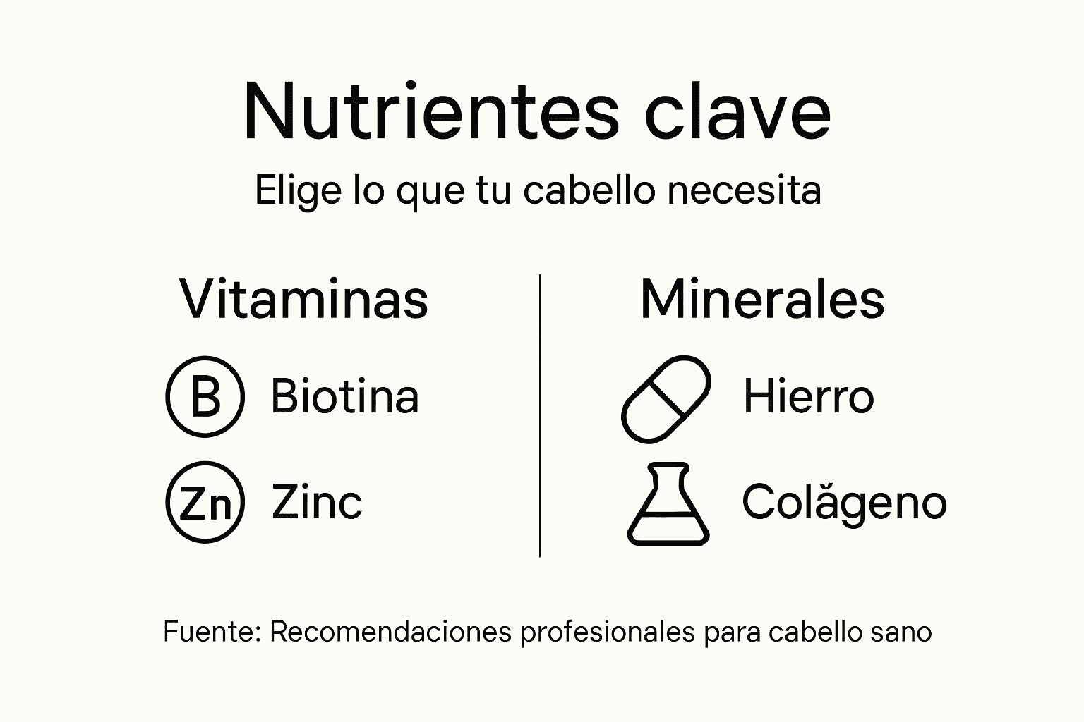 Guía visual sobre los nutrientes esenciales en los suplementos para el cuidado del cabello