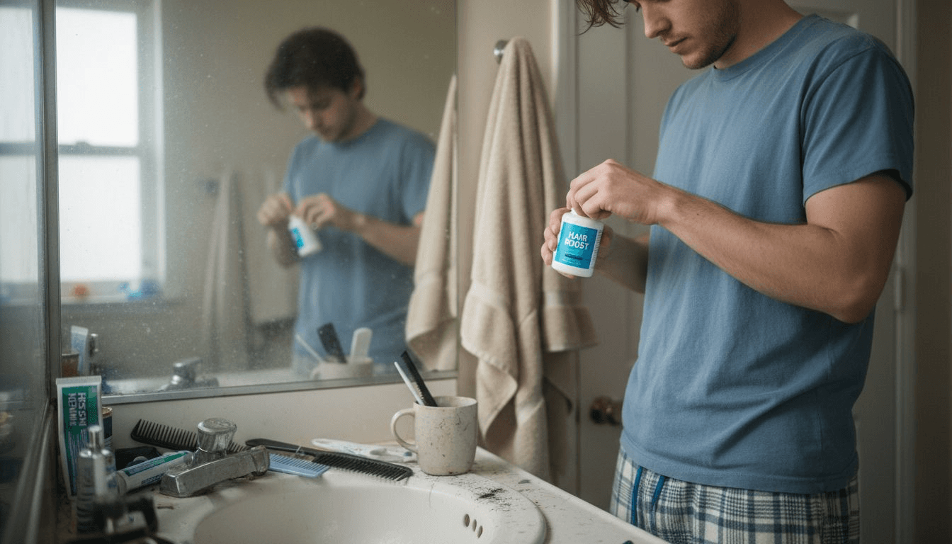 Man opening hair supplement in bathroom