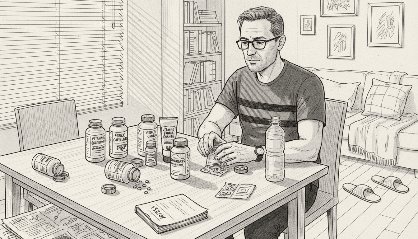 Un homme prend le temps de trier ses compléments alimentaires pour favoriser la santé de ses cheveux.