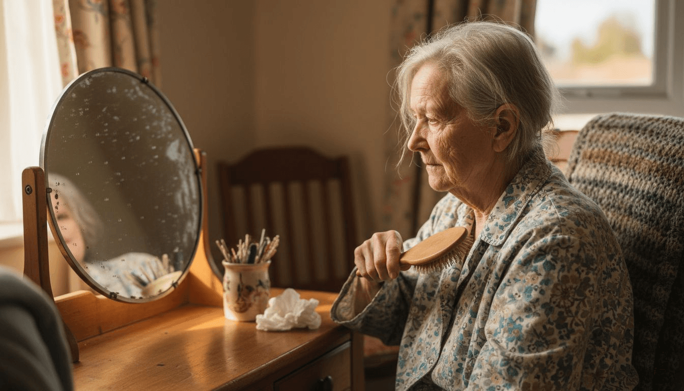 Eine ältere Dame kämmt vorsichtig ihr dünner werdendes Haar.