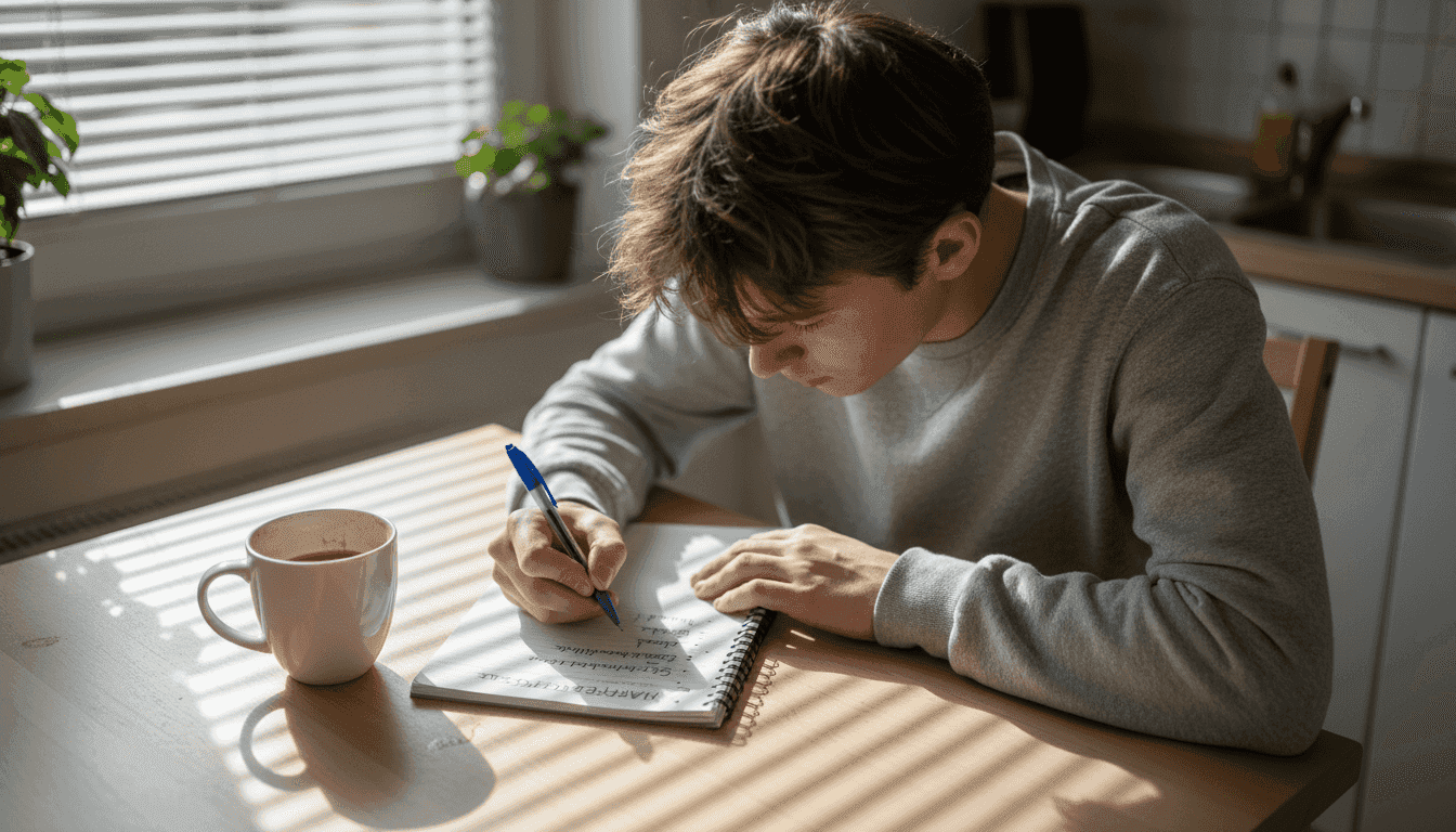 Eine Person sitzt am Tisch und macht sich Notizen zu ihrer Haarpflege.