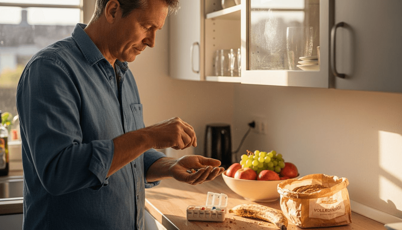 Ein Mann bereitet in seiner Küche Nahrungsergänzungsmittel für gesundes Haar vor.