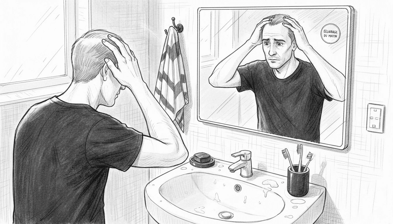 Un homme observe l’évolution de sa repousse devant le miroir de la salle de bain.
