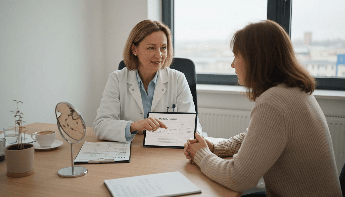 Eine Ärztin erläutert ihrer Patientin, dass hormonelle Veränderungen Ursache für den Haarausfall sein können.